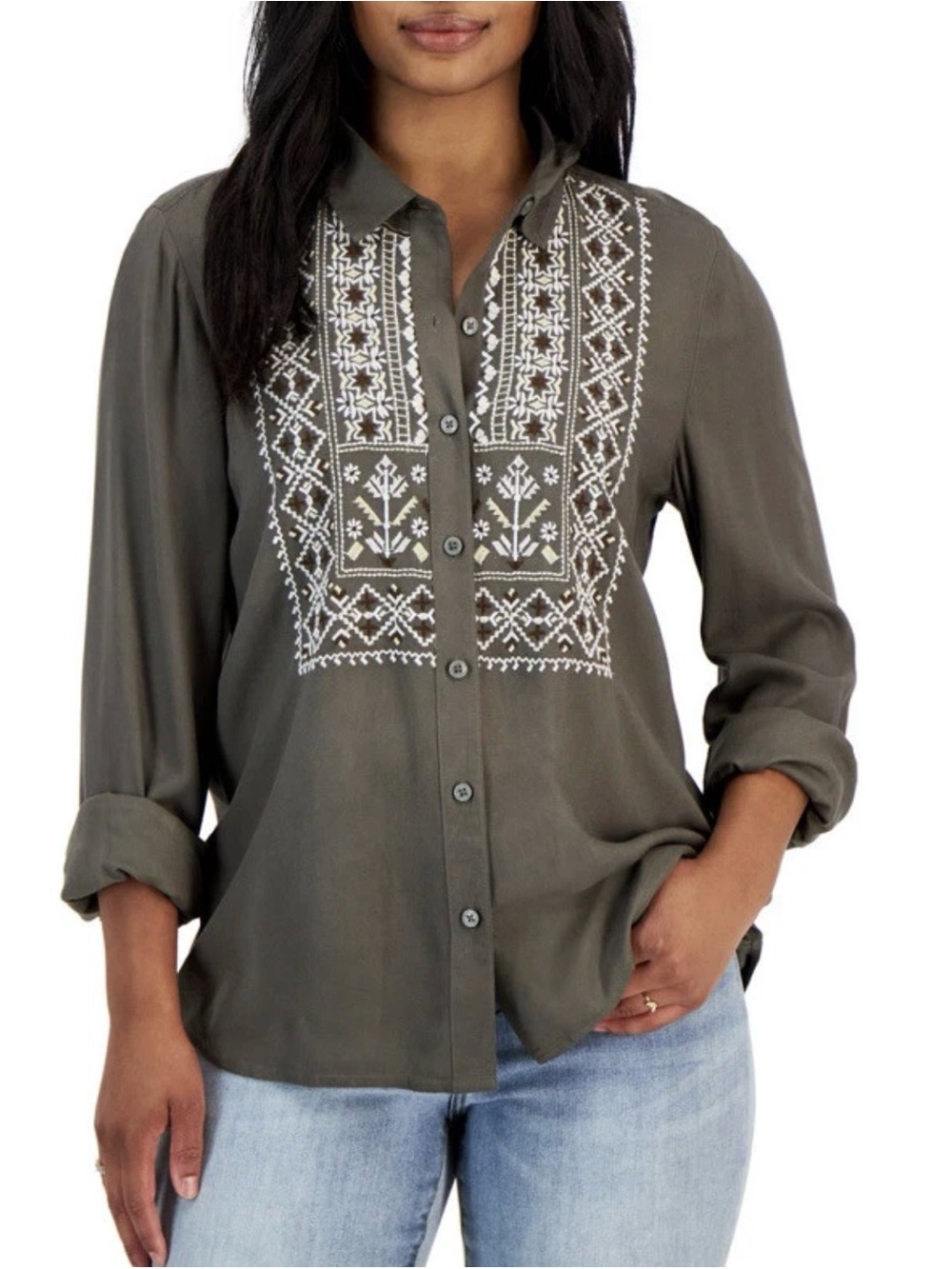 Style & Co. Olive Green Embroidered Button-Down Shirt NWT Size L